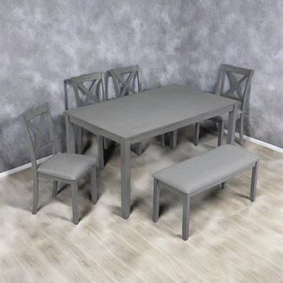 Dining Table Sets, 6-piece Kitchen Table And Chair Sets, Wooden Dining Table Chair Sets With Rectangular Dining Table, 4 Upholstered X-shaped Backrest