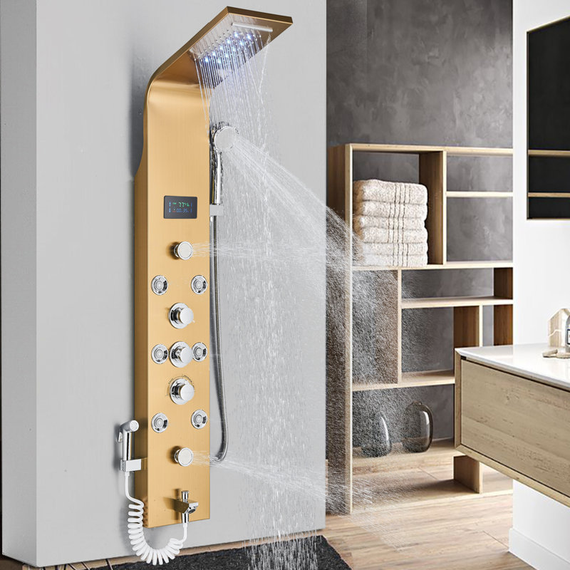 Système de tour de douche, panneau mural de douche à 7 fonctions, tête de colonne de douche à pluie à DEL, panneau de tour de douche avec système de douche corps entier avec bidet
