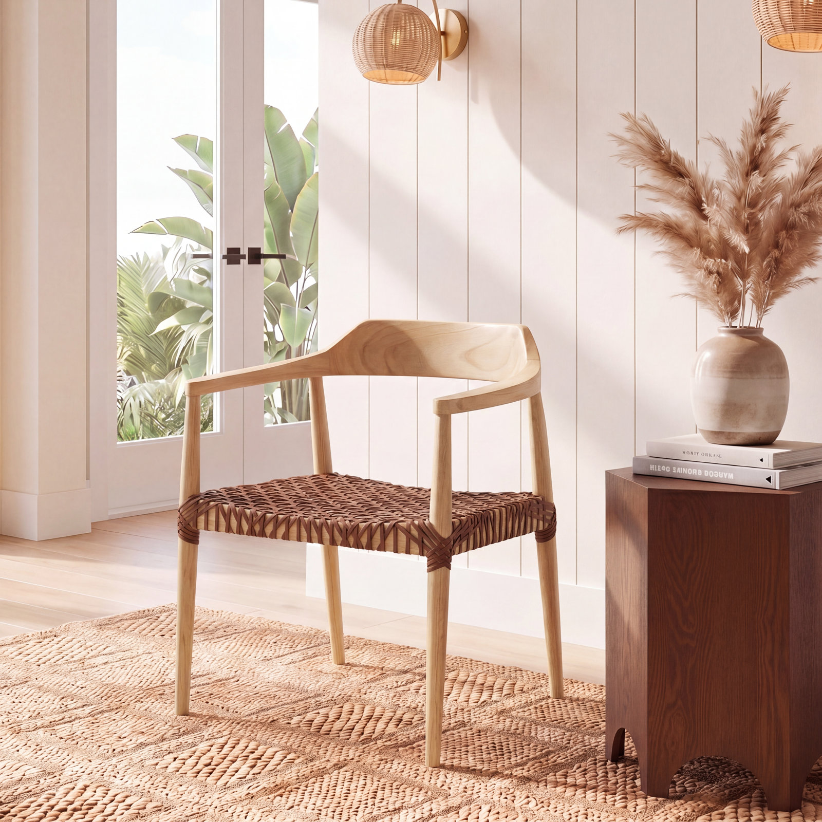 Bruna Teak Dining Armchair, Light Honey, Brown Genuine Leather