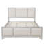 Structure de lit grand lit en bois avec tête de lit tapissier, tissu blanc et beige, plateforme en bois massif, style campagne moderne
