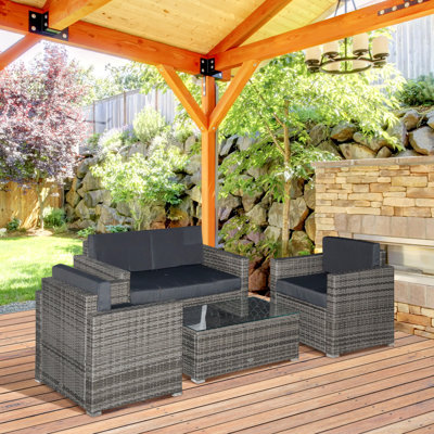 4-Piece Rattan Wicker Furniture Set, Outdoor Cushioned Conversation Furniture With 2 Chairs, Loveseat, And Glass Coffee Table, Grey