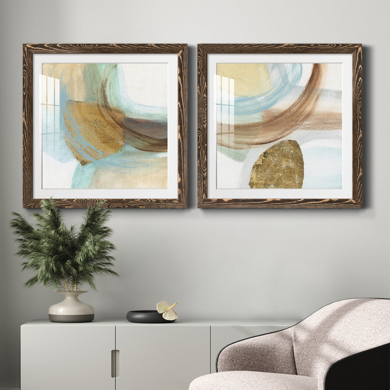 Blue Rythme I - ensemble de 2 peintures encadrées, Encadré de bois de noyer, H 31,5 po x l 63 po x P 1,5 po