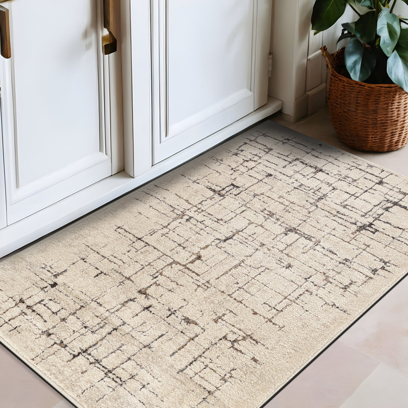 Modern Abstract Linear Ivory Mist Cream Indoor High-Low Area Rug, Rectangle 2'3" x 4'