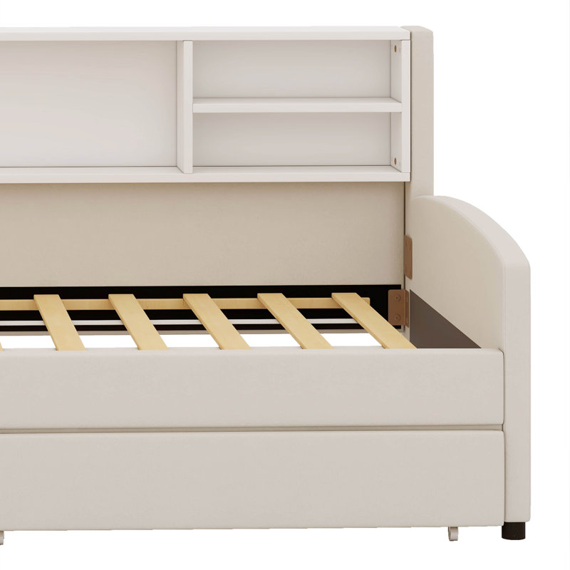  Lienke Twin Size Upholstered Platform Bed With Storage And Drawers, Beige