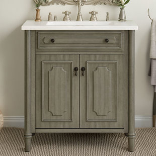 Retro-style 31-inch Bathroom Vanity (with Sink) With Soft-close Door + Adjustable Shelves, Curved Design With Rubber Wood Legs, Gray Rustic And Durable