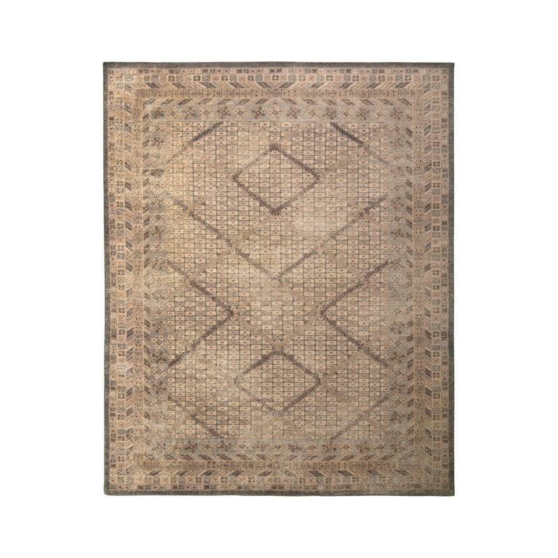 Hand-Knotted Classic Rug Beige-Brown Blue Pattern, Rectangle 12' x 15'