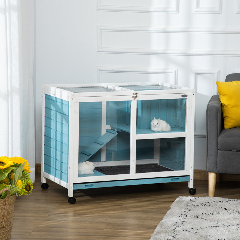 Light Blue Wooden Guinea Pig Cage with Ramp and Wheels