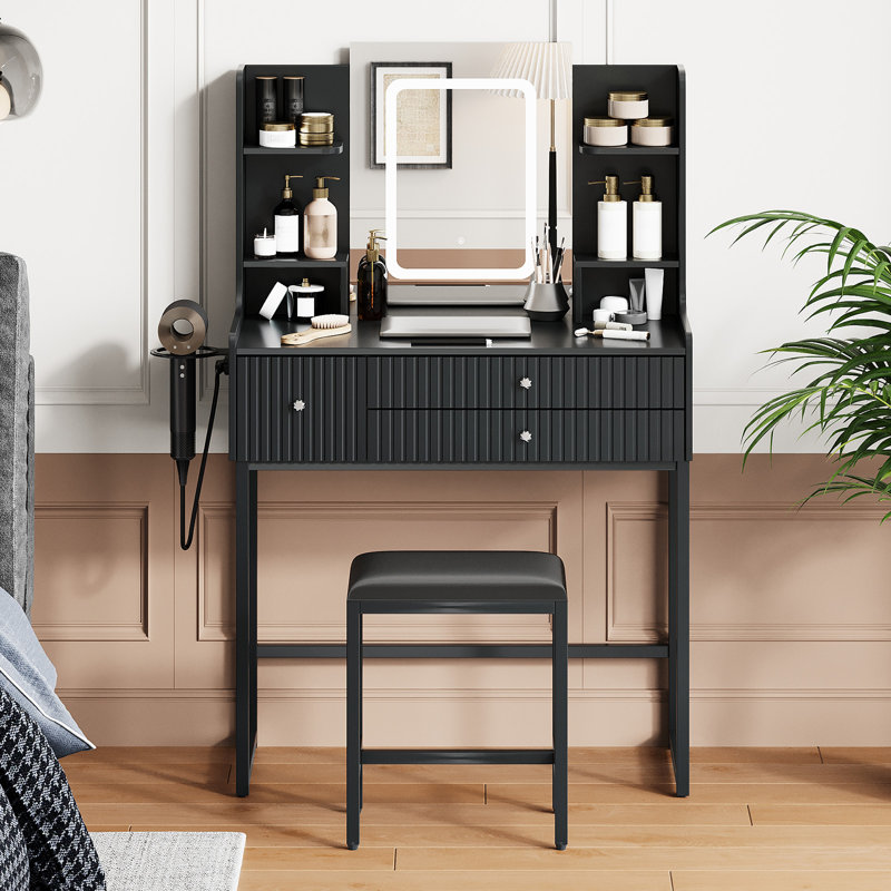Meuble-lavabo cannelé avec miroir lumineux, tabouret et prise de courant, Noir