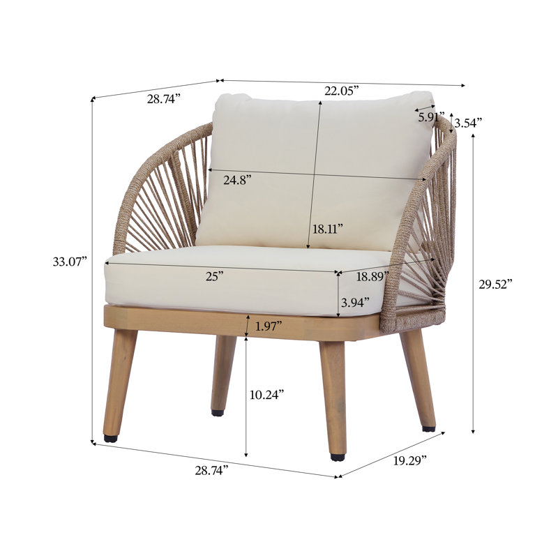 Fauteuil club d'extérieur en bois d'acacia avec accents de corde tissés à la main, fauteuil de patio résistant aux intempéries