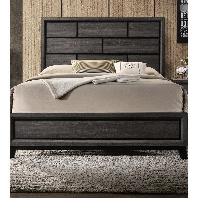 Lit transitionnel pour grand lit, finition gris antique, tête de lit à conception carrée, lit rustique en contreplaqué et en bois