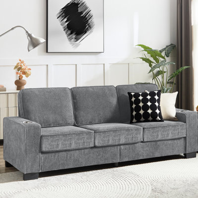 Gray 3 Corduroy Compressed Couch With Thick Texture - For Living Room, Bedroom, Office 83.86" Bedroom Long-Lasting Quality And Cup Holders