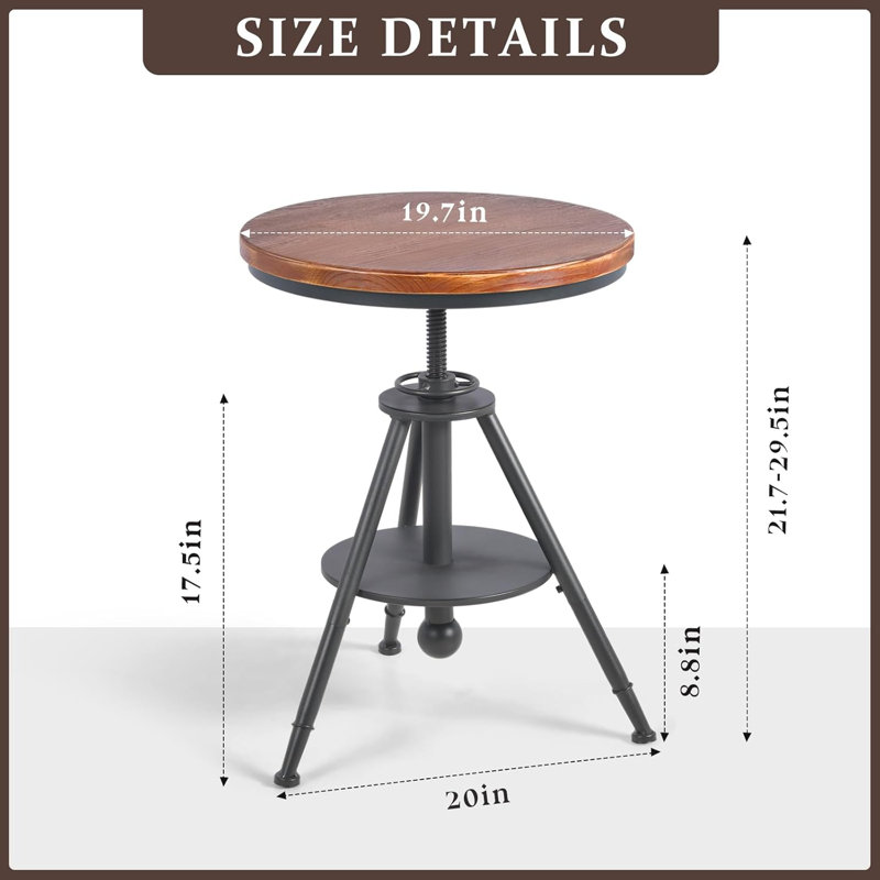 19.7" Round Pub Table Height Adjustable With 360 Swivel Solid Wood Tabletop For Dining Bistro Cafe Home Bar, Rustic Brown