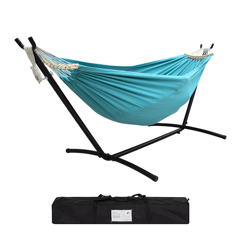 Double hamac avec support en acier d'une capacité de 450 lb, sac de transport de qualité supérieure inclus et deux poutres d'équilibre anti-roulis, bleu ciel