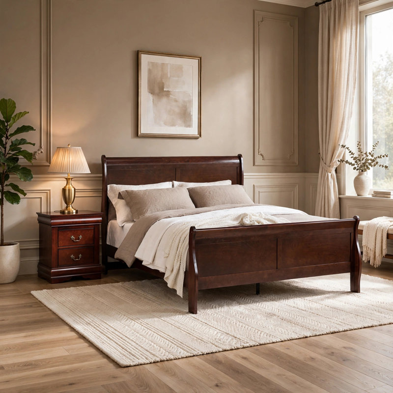 Ensemble de chambre à coucher double, brun cerise et bronze, ensemble de 2 pièces avec table de chevet