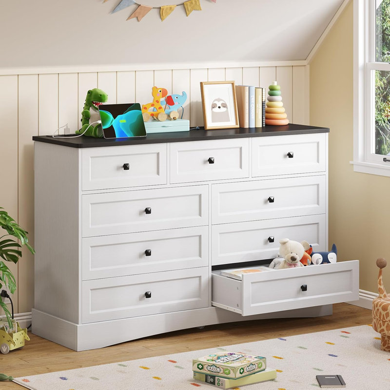 Bedroom Dresser With 9 Drawers, 51.2‘’ Long Dresser Tv Stand With Charging Station, Farmhouse Dresser Chest Of Drawers, Large Wood Storage Tower Organizer Dresser For Bedroom, Living Room