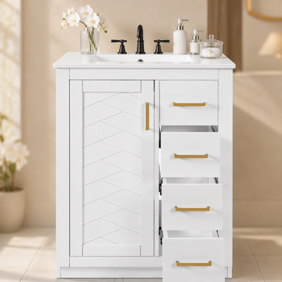 Meuble-lavabo 24 po avec lavabo intégré en céramique, meuble-lavabo à 1 porte, 3 tiroirs et meuble-lavabo simple pour petite et moyenne salle de bain Door Porte de gauche）