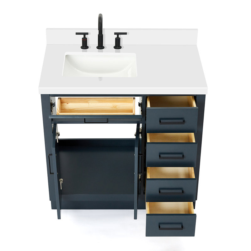 Meuble-lavabo simple en bois massif 36 po Tidworth avec plateau en quartz 1,5 po, Bleu minuit, Forme rectangulaire, Gauche