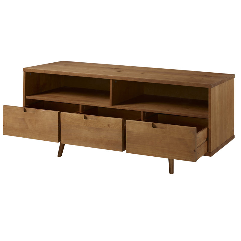 Meuble télé en bois massif 58 po à 3 tiroirs pour téléviseur de 60 po ou moins Sadie, Caramel