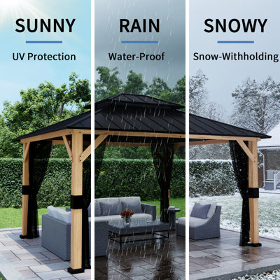 13FT X 11FT Solid Wood Outdoor Hard Top Patio Gazebo
with Ceiling Hook,Mosquito Netting