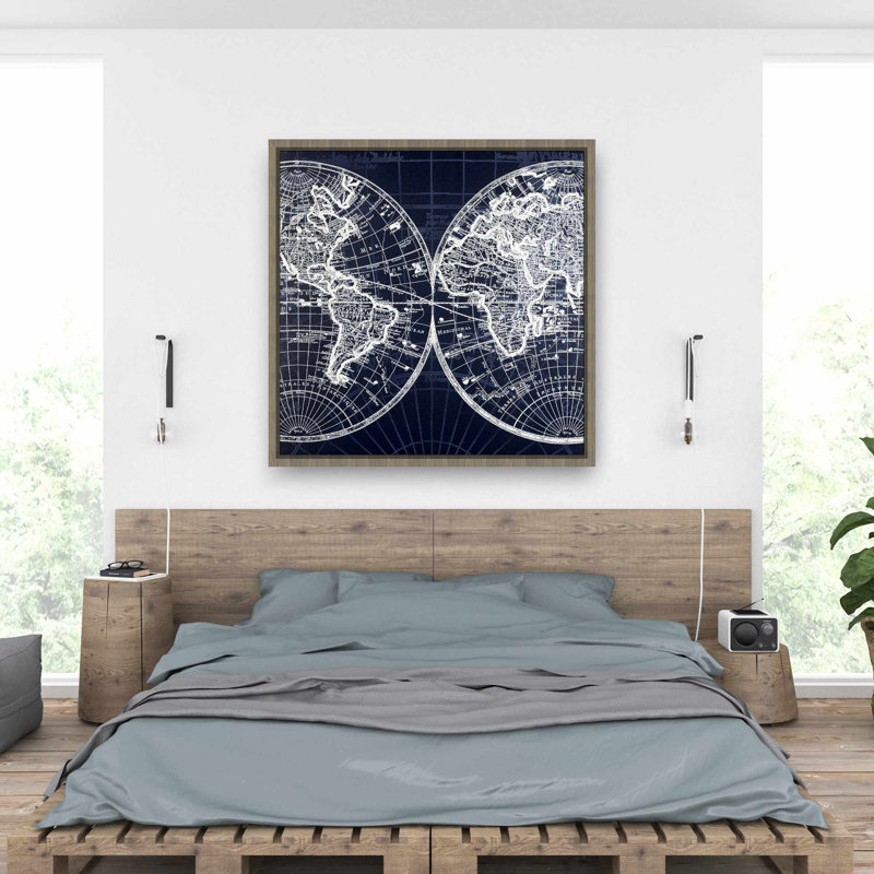 World Map Blue Print - Cities White Framed Canvas Decor