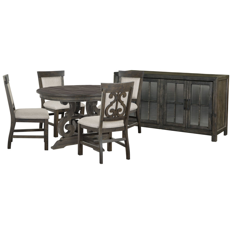 48" Round Dining Table With 4 Upholstered Side Chairs And Buffet, 6 Pieces: Table, 4 Chairs, Sideboard