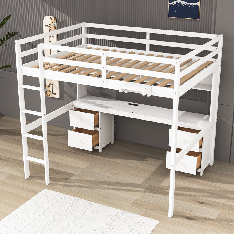Lit mezzanine 4 tiroirs avec bureau intégré Helbonna, Blanc