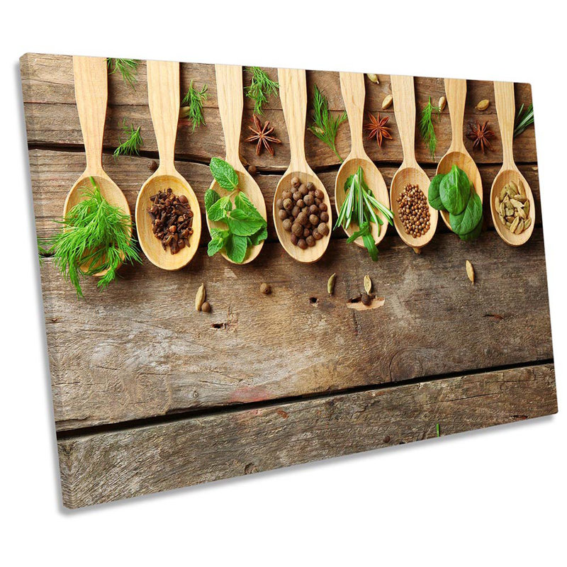 Z6098 Herbs Spoons Wooden Effect - Wrapped Canvas Print, 30.5cm H x 45.7cm W