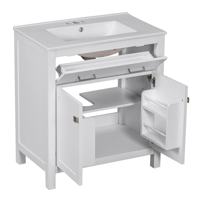 Meuble-lavabo simple avec lavabo en céramique, Blanc, Chrome