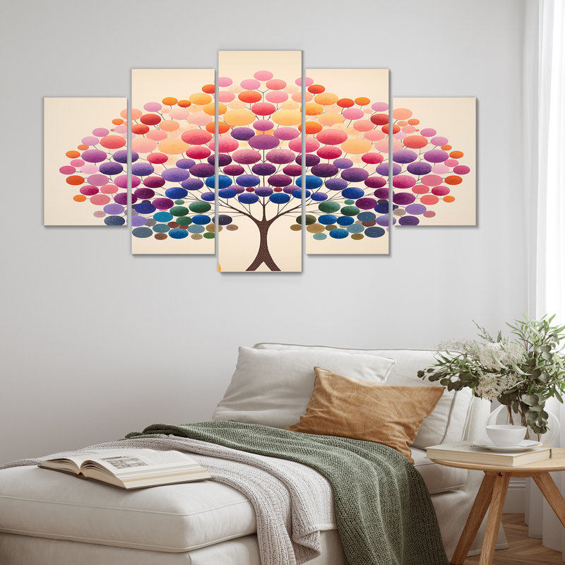 Abstrait cercle graphique arbre mauve jaune - ensemble de décoration murale arbre chêne 5 pièces, H 32 po x l 60 po