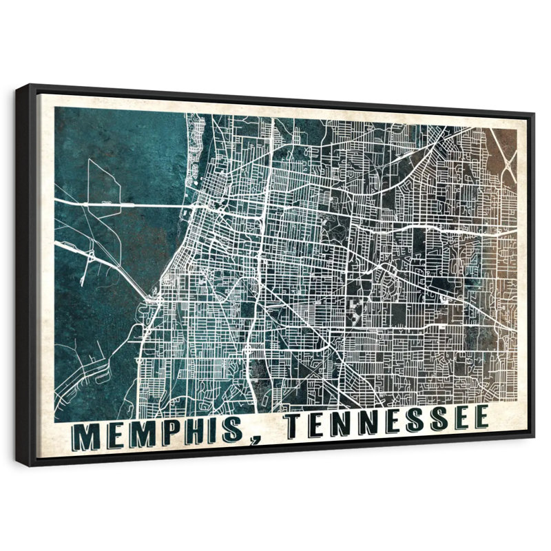 Carte rétro de la ville de Memphis, Cadre flottant noir, 40 po x 27 po