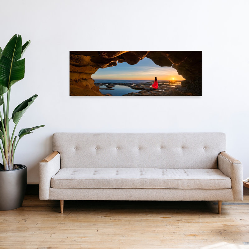 Woman Red Dress Cave Sunset by Jingshu Zhu - Wrapped Canvas Panoramic Print, 40.64 cm H x 121.92 cm W