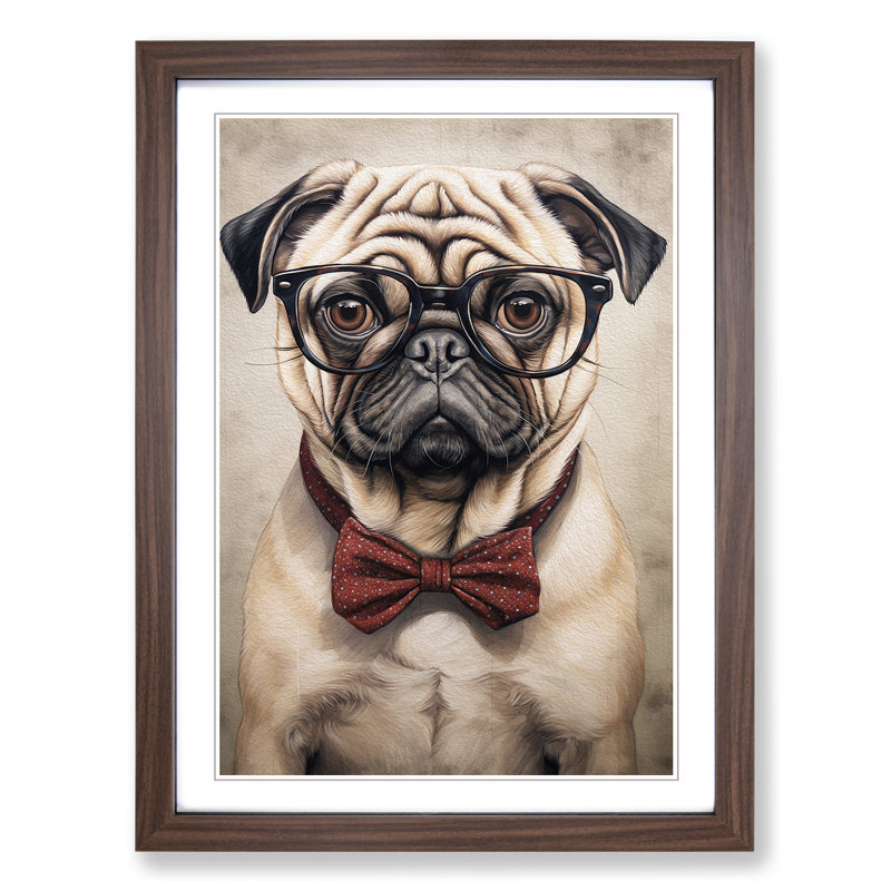 Pug With Glasses - Single Picture Frame Print on Wood, Walnut, 46cm H x 34cm W x 2cm D