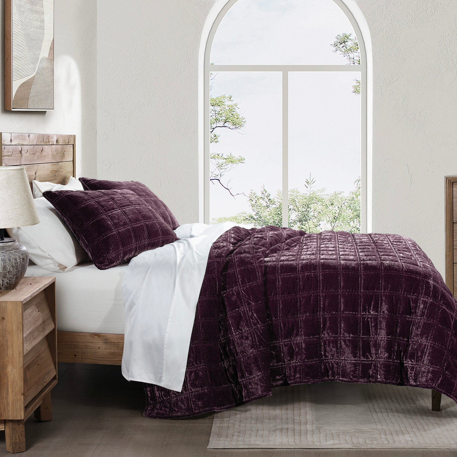 Stella Velvet Quilt Set, Queen Quilt + 2 Standard Pillowcases, Dark Violet