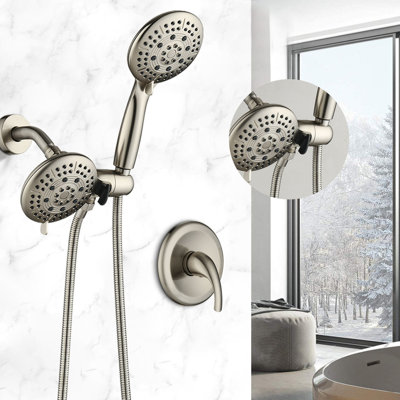 Brass Wall Mount Shower Head With Handheld - 6 Spray Patterns, Corrosion And Scratch , Brushed Nickel, Adjustable Flow Rain Modes & Everyday Scratches Nickel