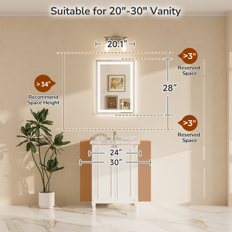 Frontlit and Backlit LED Bathroom vantiy Mirror,3 Color Dimmable Light & Anti-fog Tempered Glass mirror, 28" x 20", Rectangle