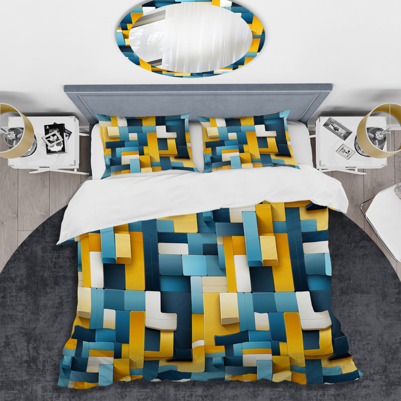 Ensemble de housse de couette géométrique jaune et bleu Harmony Blocks, Housse de couette pour très grand lit et 2 très