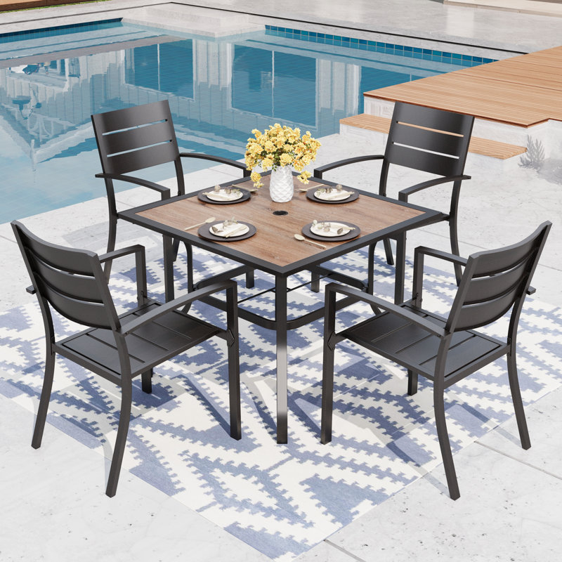 4 - Person Steel Patio Dining Set Umbrella Hole Included Square Table