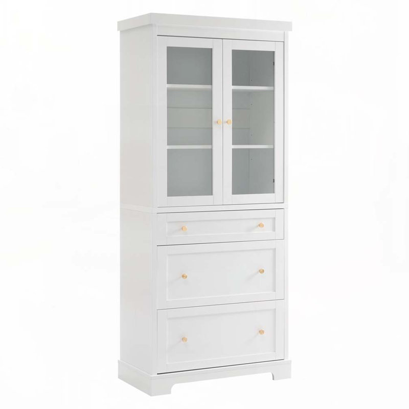 Grande armoire de salle de bain autoportante avec 2 tablettes réglables, 3 tiroirs, portes en verre à fermeture en douceur