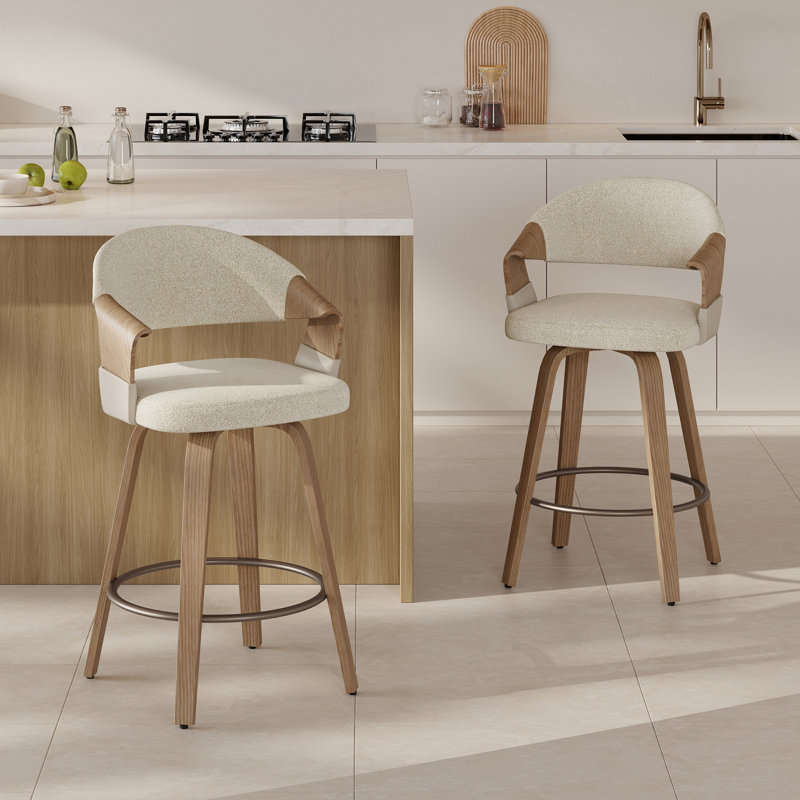 Mid-Century Modern Swivel Counter Stool With Bentwood Frame, Beige