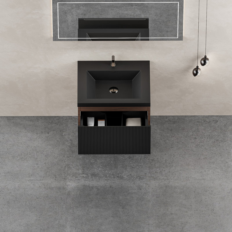 Meuble-lavabo flottant avec lavabo, Noyer, Noir, 24"
