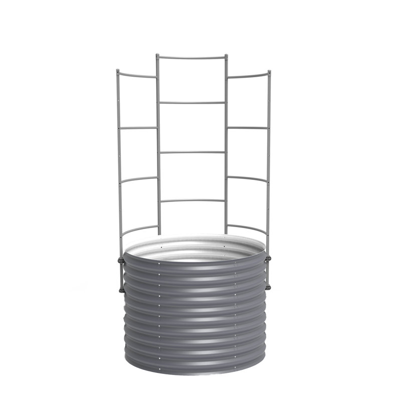 32" Tall 42" Wide Round Metal Outdoor Raised Garden Bed With Trellis, Modern Gray