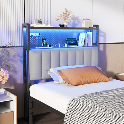 Headboard, Adjustable Upholstered Headboard With 2 Tier Shelves And Pegboard With Charging Stations And LED Lights, Modern Bed Headboard With Storage by Wrought Studio