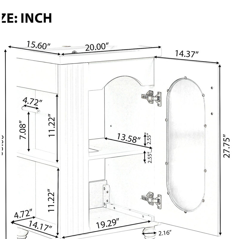Comptoir de salle de bain de 20 pouces avec lavabo, armoire de comptoir de salle de bain avec tablettes doubles, tablettes réglables, bois massif et panneau de fibres à densité moyenne