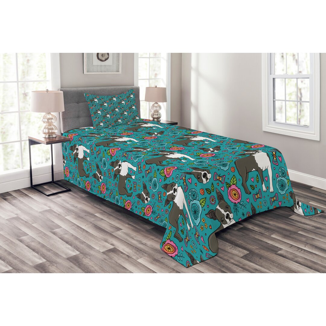 Gestepptes Bettdecken-Set, Woodland Boston Terrier Floral, Hund, Teal Anthrazit grau