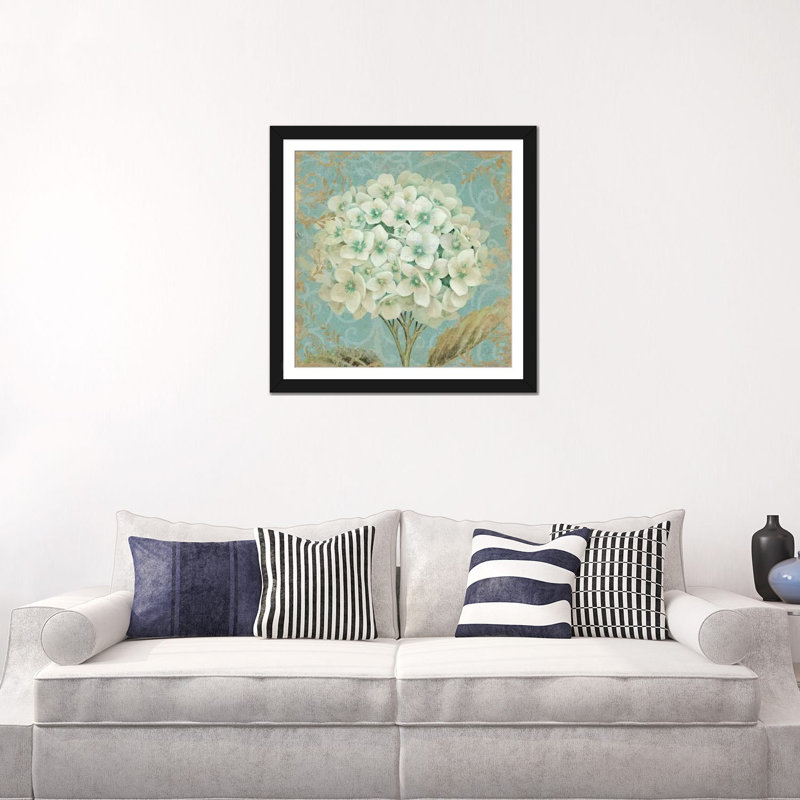 «Hydrangea Square II», impression sur toile tendue, Papier d'art encadré noir, Blanc, H 24 po x l 24 po x P 1 po