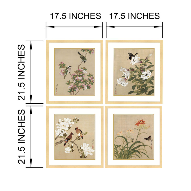 Masterpiece Collection Birds and Butterflies in Spring by Yu Zhi - 4 Piece Single Picture Frame Print Set, 43" H x 35" W