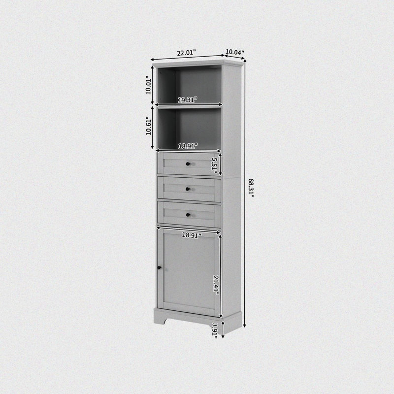 Manylath Freestanding Wooden Storage Linen Cabinet - An Open Shelf, Three Drawers and a Cabinet, Gray