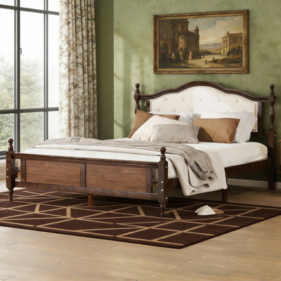 Lit plateforme tapissier avec tête de lit à boutons et rangement sous le lit, cadre de lit en bois de pin avec lattes de soutien, aucun sommier nécessaire, cerisier, grand