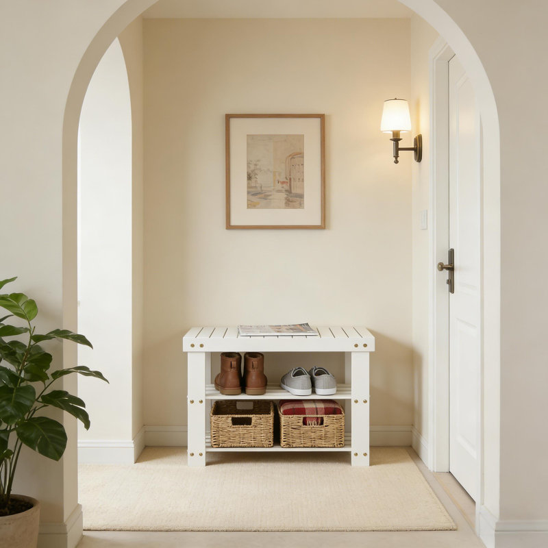 Bamboo Entryway Shoe Bench with 2-Tier Storage Shelf for Entryway and Living Room, White