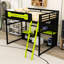 Lit mezzanine double avec station de charge, bureau, tablettes de rangement, panneau perforé et éclairage DEL-723108222